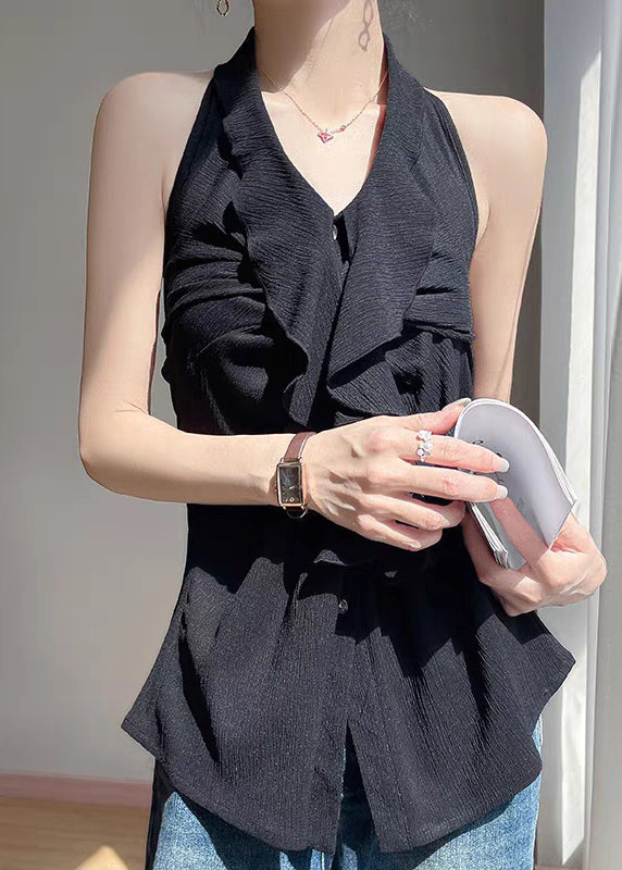 Cotton Black Ruffled Blouses Backless Button Summer