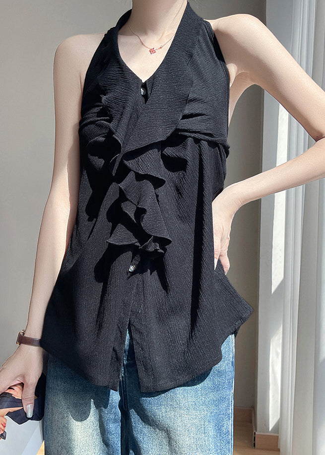 Cotton Black Ruffled Blouses Backless Button Summer