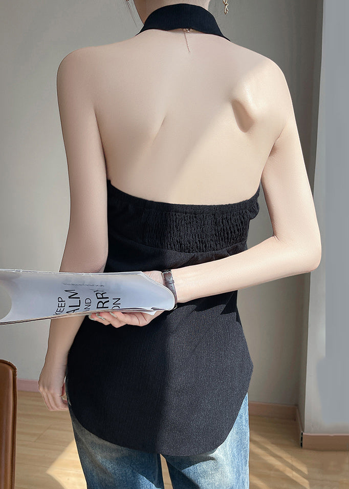 Cotton Black Ruffled Blouses Backless Button Summer