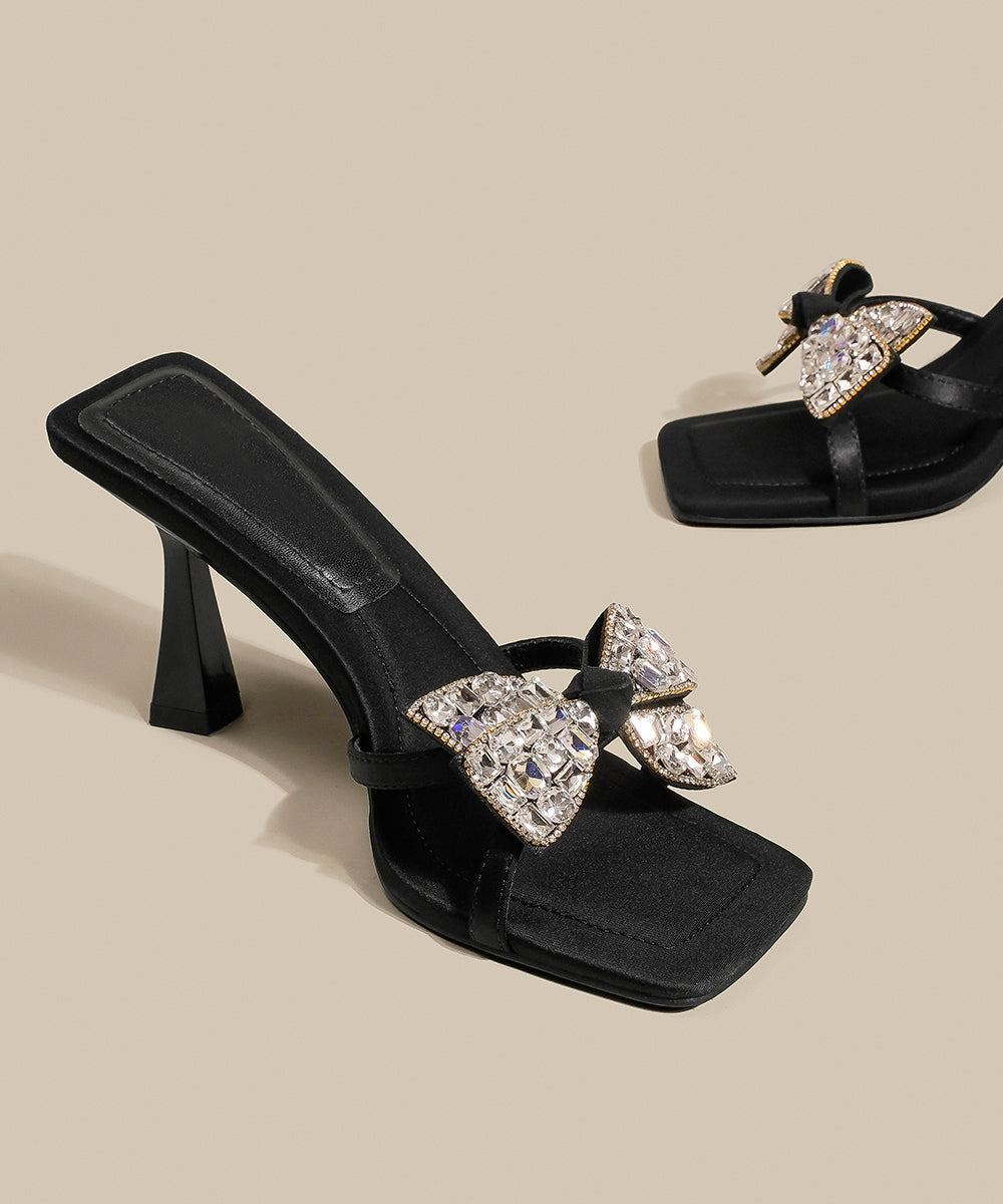 Bow Heel Splicing Slide Black Sandals Zircon High