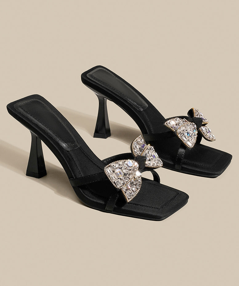 Bow Heel Splicing Slide Black Sandals Zircon High