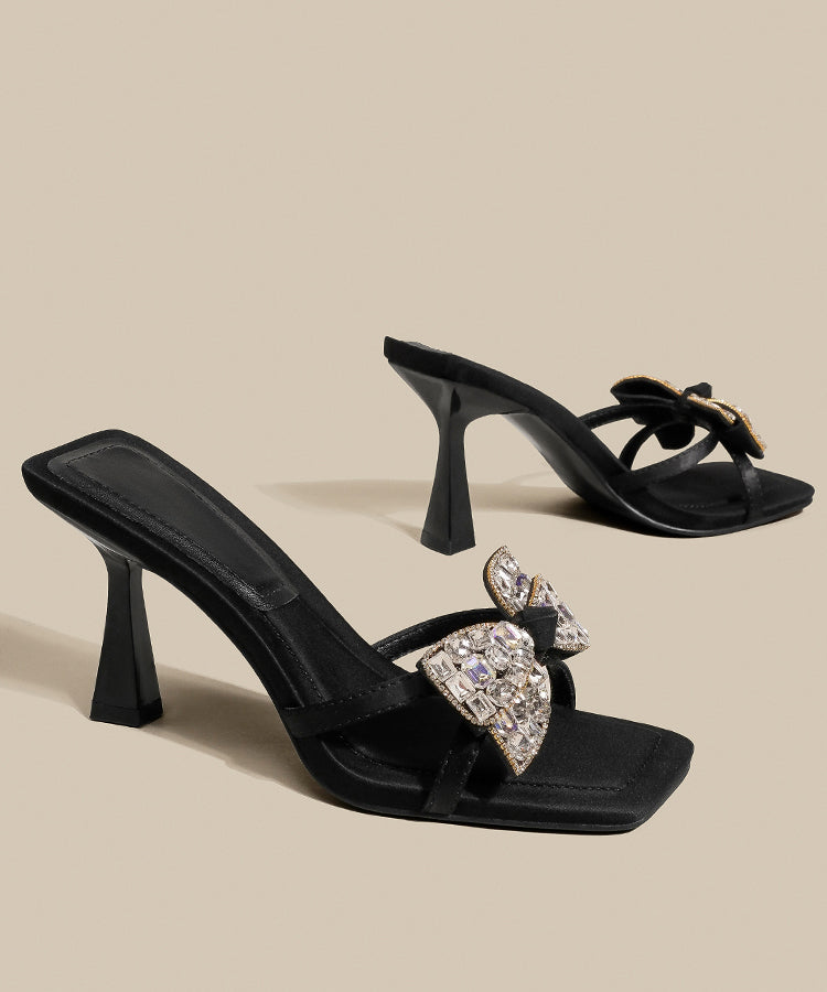 Bow Heel Splicing Slide Black Sandals Zircon High