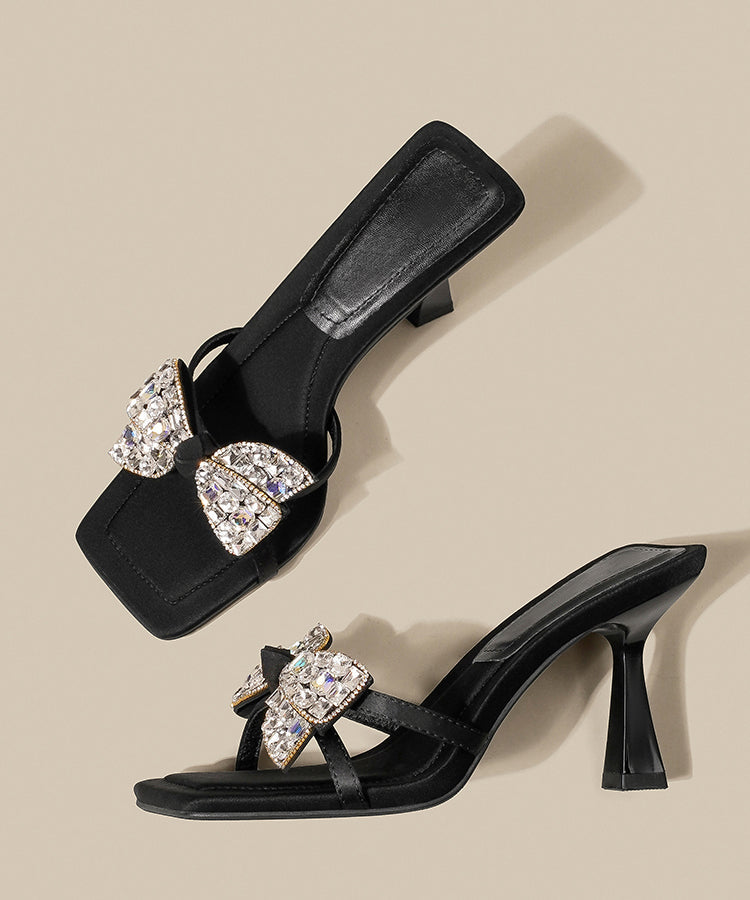 Bow Heel Splicing Slide Black Sandals Zircon High
