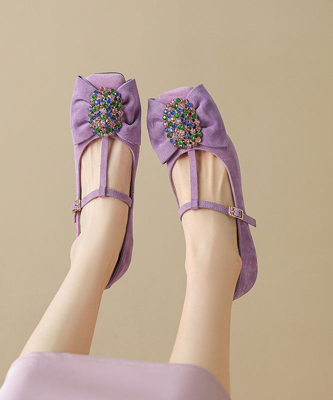 Black High Zircon Bow Suede Heels Buckle Chunky Strap Splicing