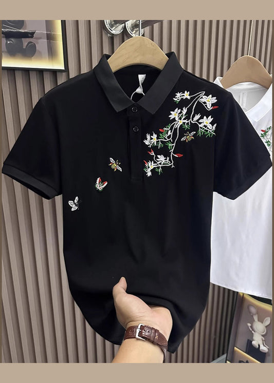 Shirts Polo Mens Summer Cotton Black Button Embroideried