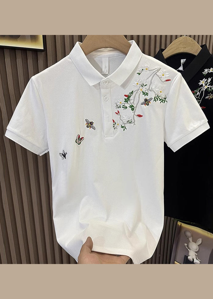Shirts Polo Mens Summer Cotton Black Button Embroideried