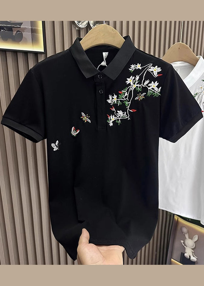 Shirts Polo Mens Summer Cotton Black Button Embroideried