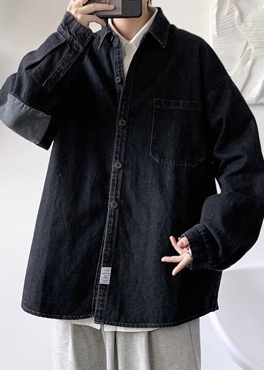 Denim Button Pan Shirts Peter Black Spring Loose Collar Men