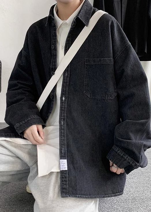 Denim Button Pan Shirts Peter Black Spring Loose Collar Men