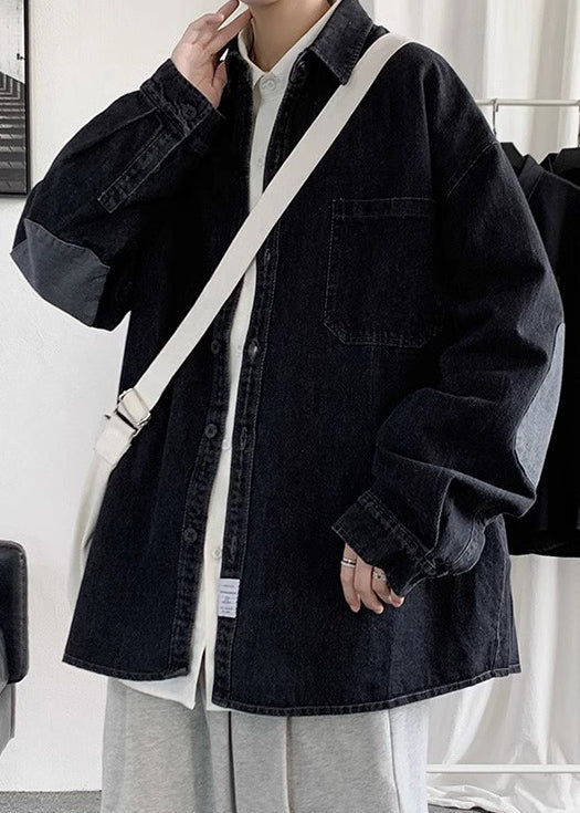 Denim Button Pan Shirts Peter Black Spring Loose Collar Men