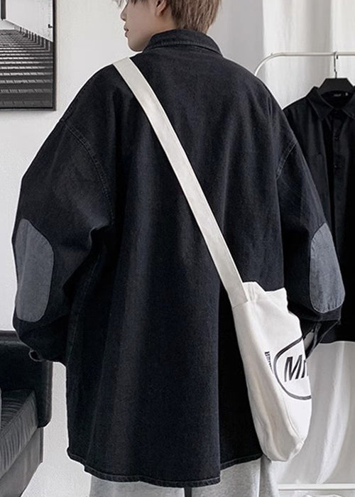 Denim Button Pan Shirts Peter Black Spring Loose Collar Men