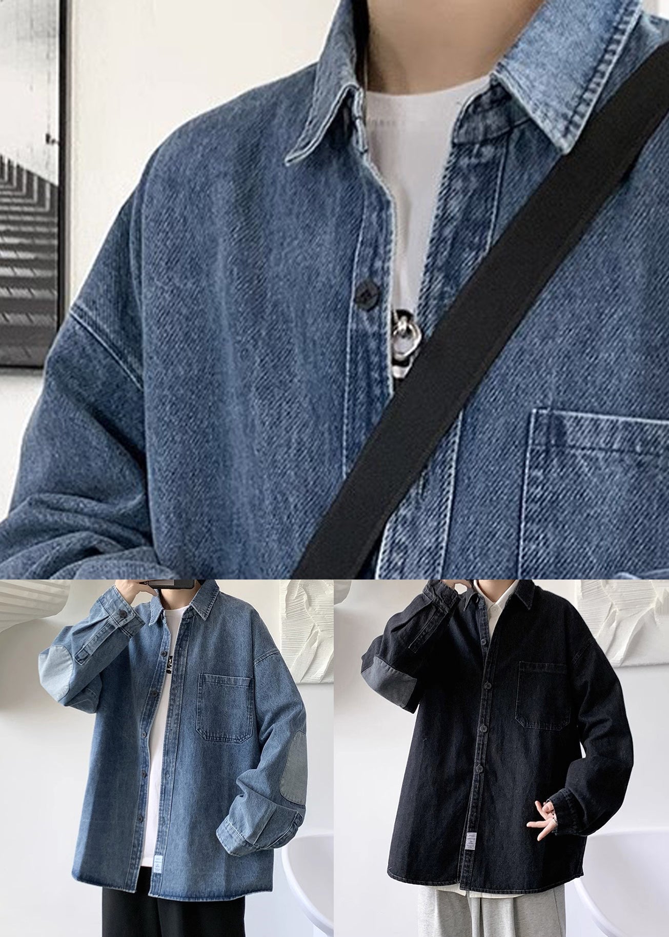 Denim Button Pan Shirts Peter Black Spring Loose Collar Men