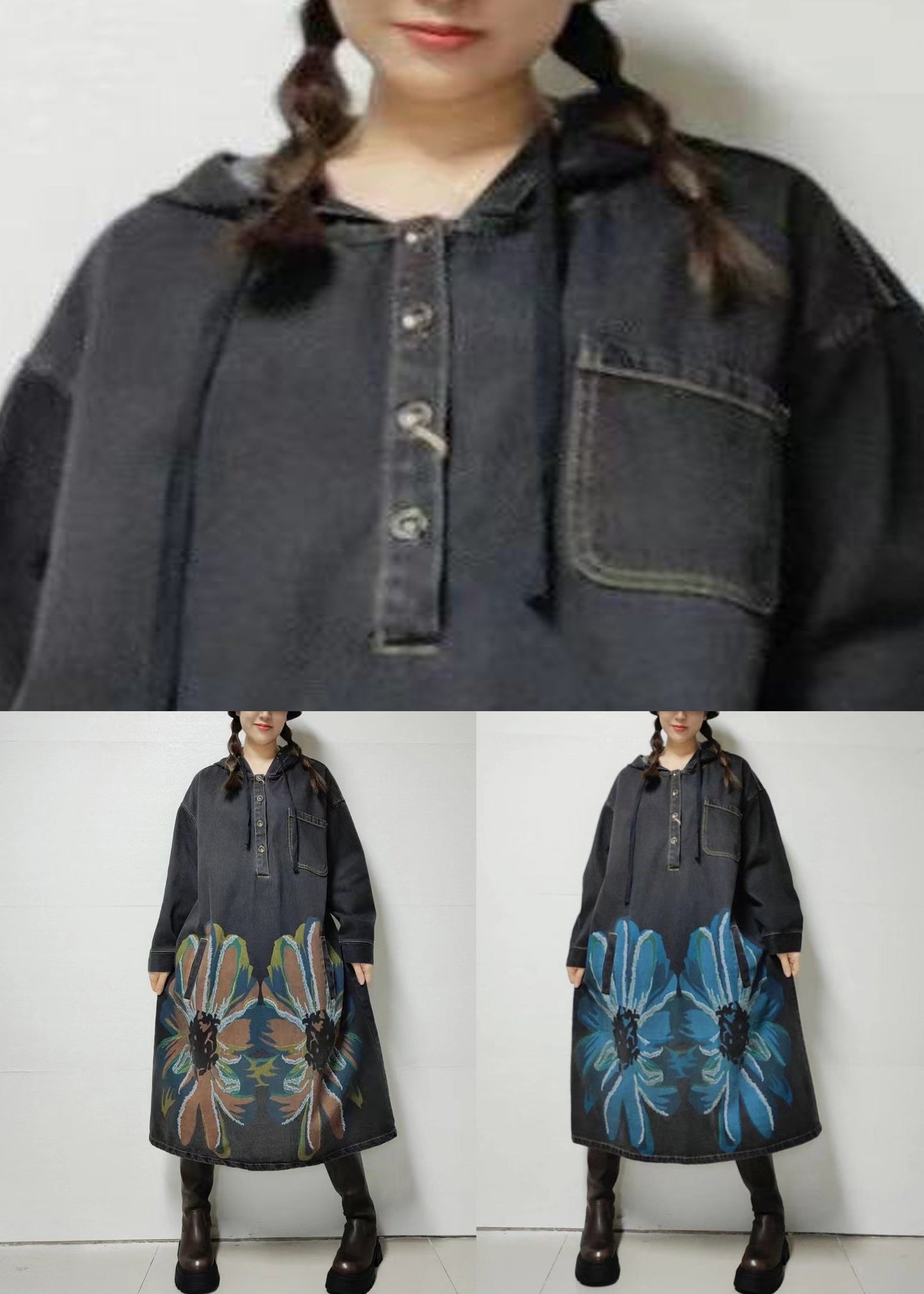 Robe en jean noire à capuche avec poches boutonnées pour l'automne MN033