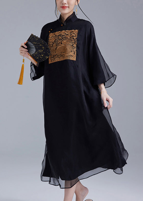 Black Button Pockets Silk Dress Stand Collar Long Sleeve QA1012 Ada Fashion