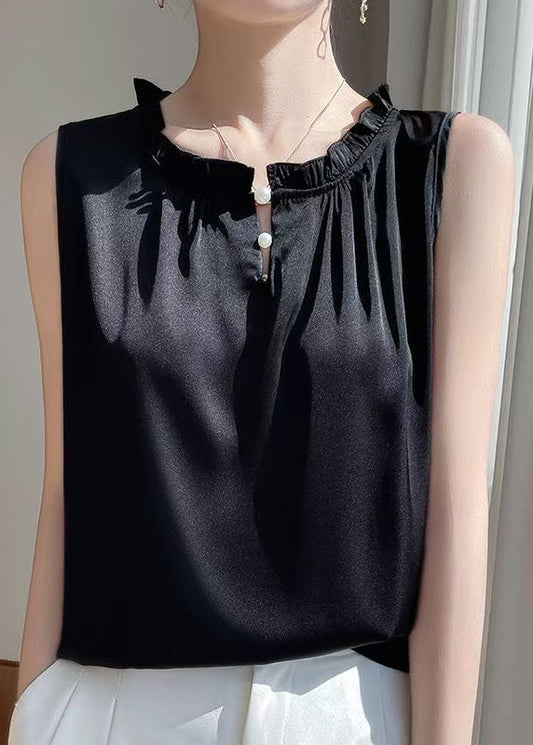 Blouse Black Solid Sleeveless Silk Button Ruffled