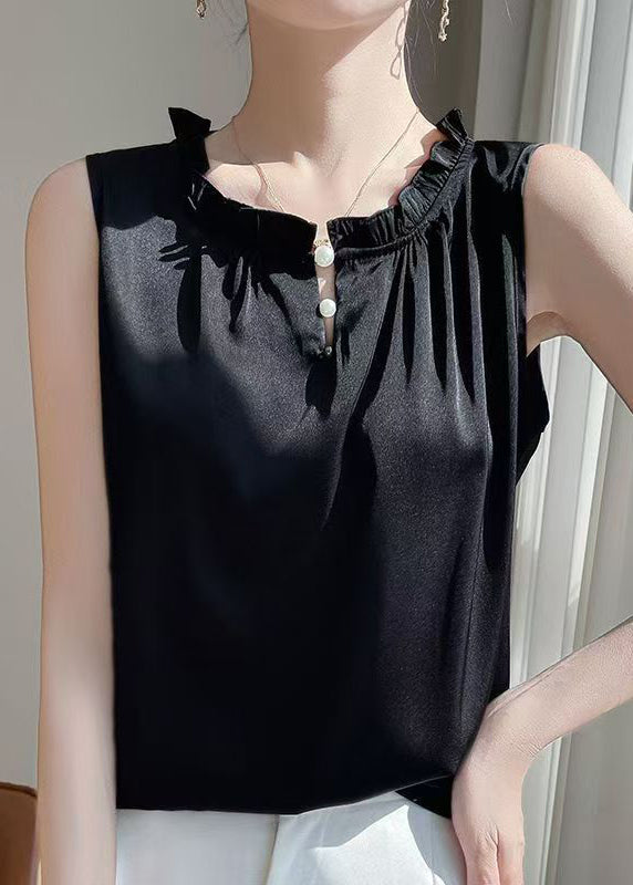 Blouse Black Solid Sleeveless Silk Button Ruffled