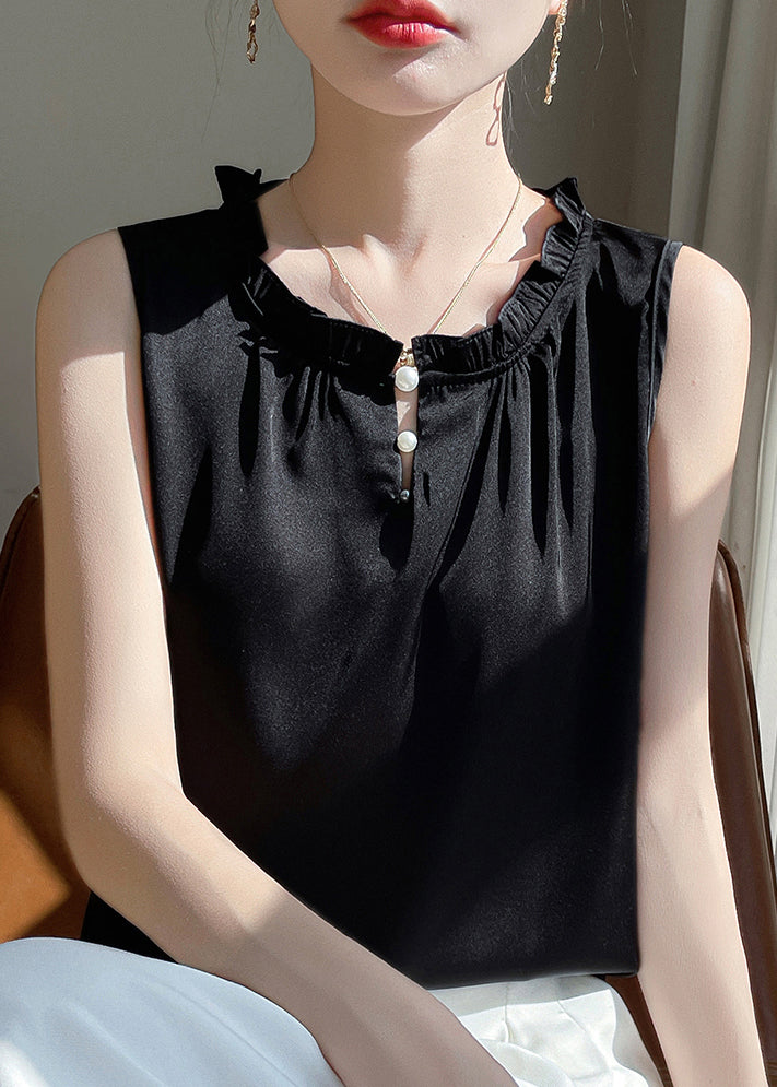 Blouse Black Solid Sleeveless Silk Button Ruffled