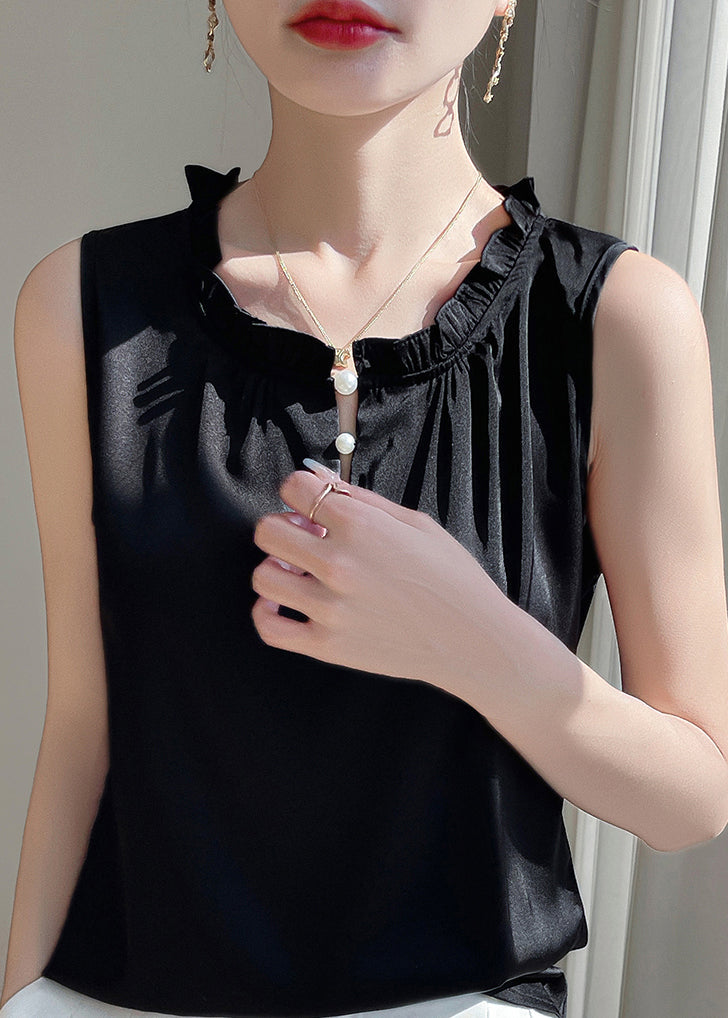 Blouse Black Solid Sleeveless Silk Button Ruffled