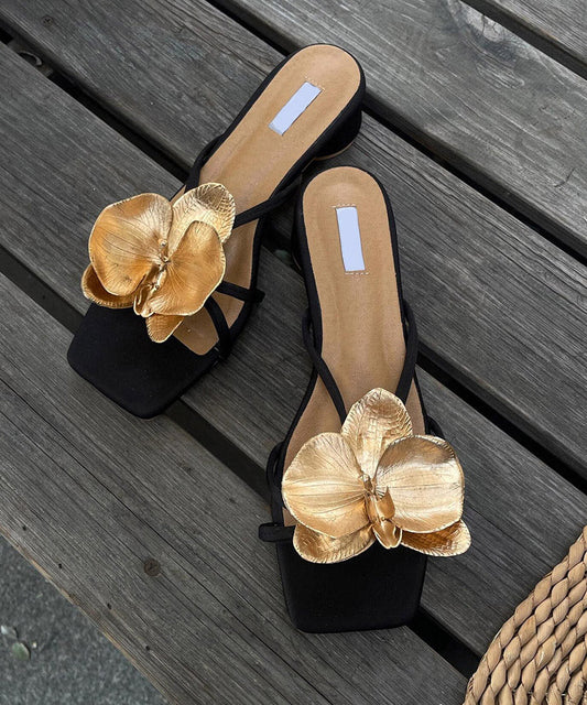 Stylish Floral Splicing Sandals Chunky Slide Leather Black Faux