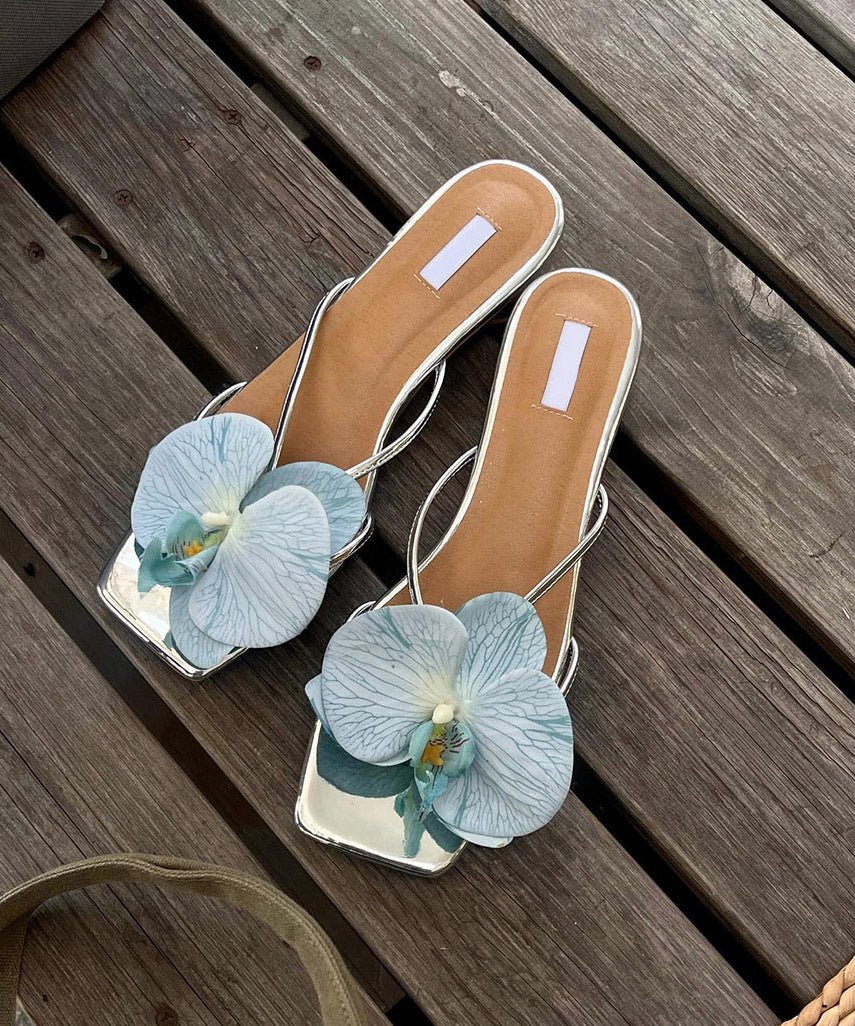 Stylish Floral Splicing Sandals Chunky Slide Leather Black Faux