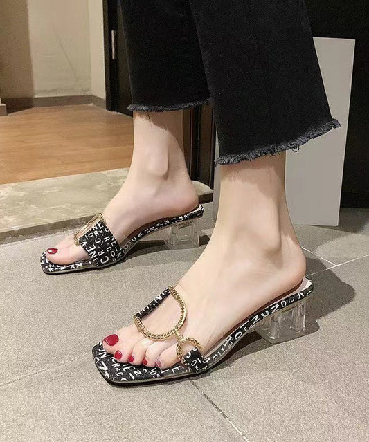 Black Chunky Heel Stylish Peep Toe Crystal Slide Sandals RT1003