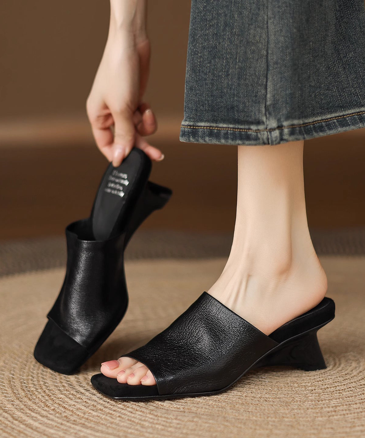 Peep Sheepskin Chunky Black Toe Beautiful Sandals Slide