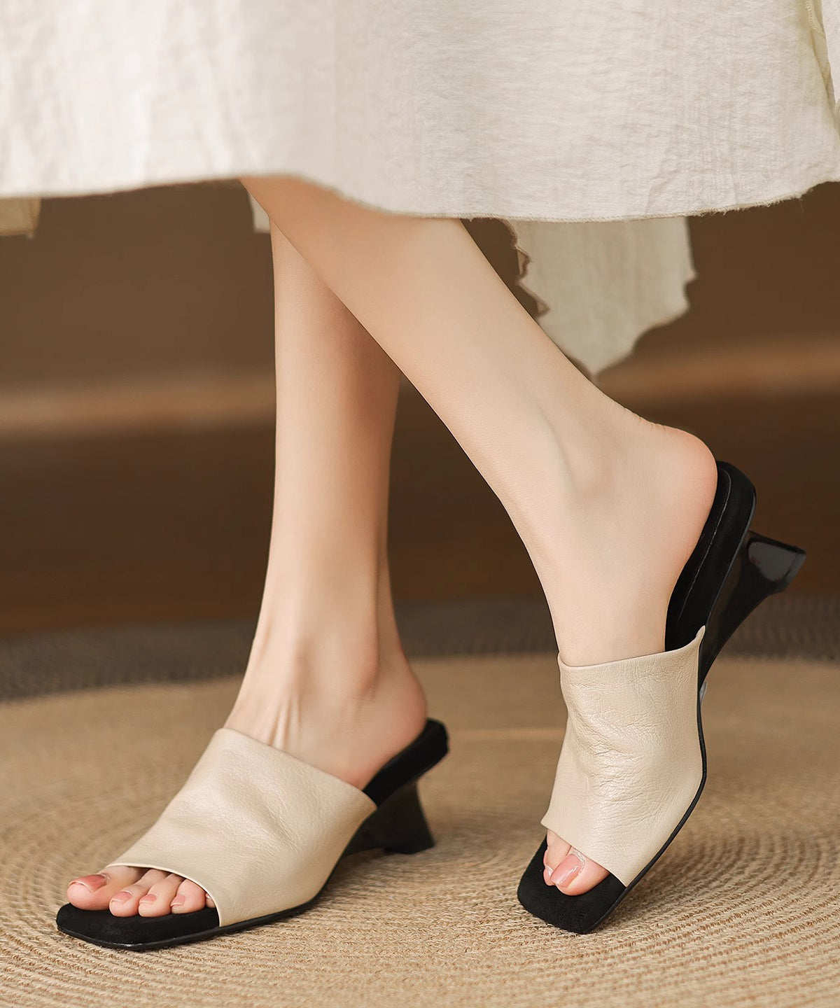 Peep Sheepskin Chunky Black Toe Beautiful Sandals Slide