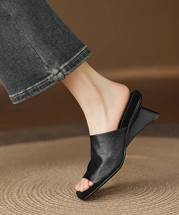 Peep Sheepskin Chunky Black Toe Beautiful Sandals Slide