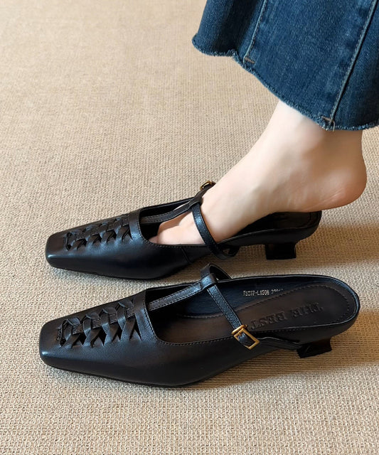 Black Elegant Splicing Slide Sheepskin Sandals Chunky