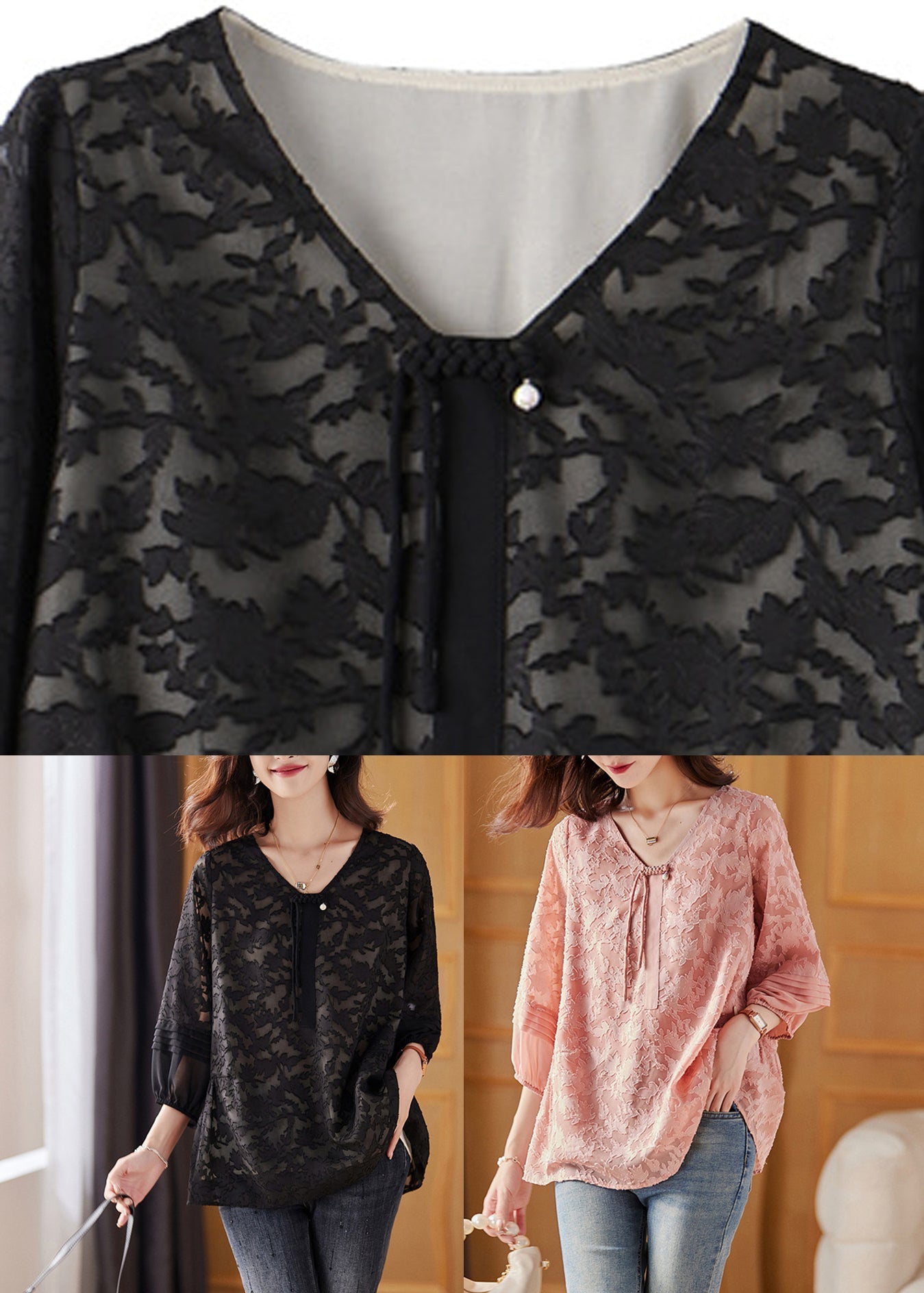 Black Cinched Tassel Chiffon Shirt Fall WW044