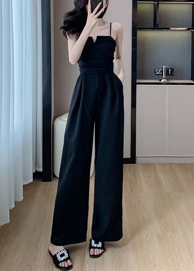 Jumpsuits Shoulder Silk Sleeveless Cold Black Pockets Solid