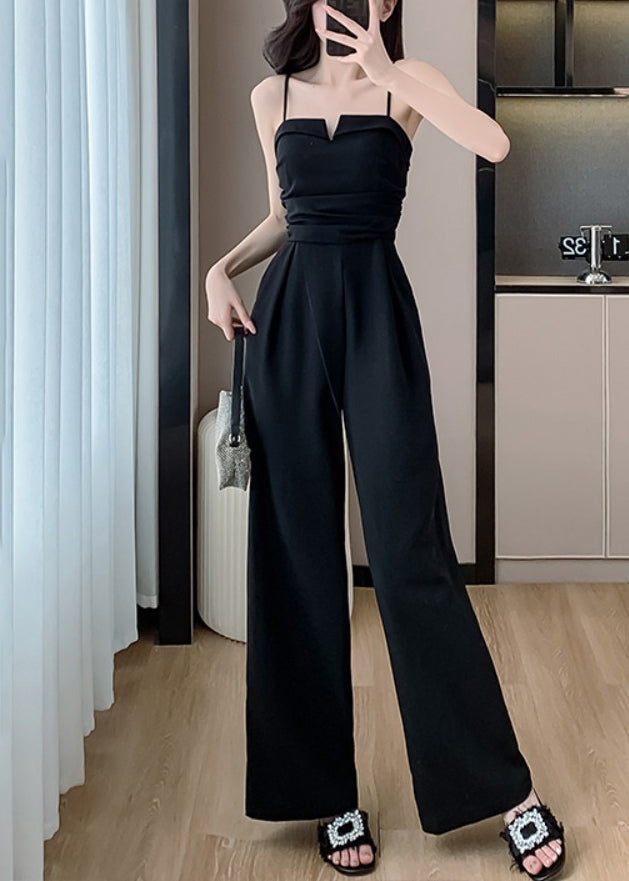 Jumpsuits Shoulder Silk Sleeveless Cold Black Pockets Solid