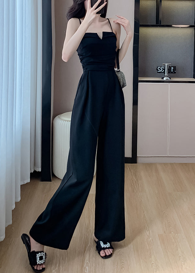 Jumpsuits Shoulder Silk Sleeveless Cold Black Pockets Solid