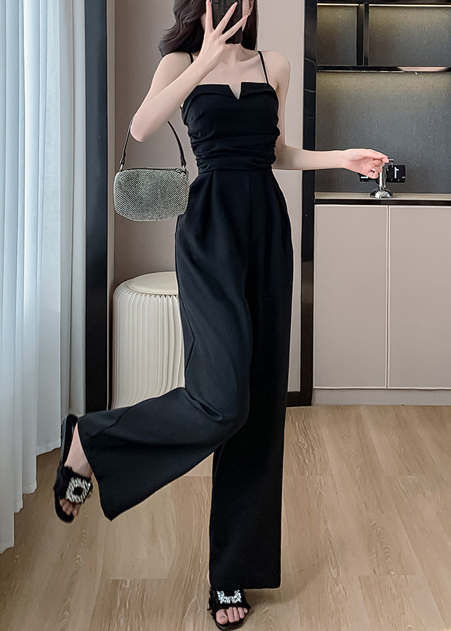 Jumpsuits Shoulder Silk Sleeveless Cold Black Pockets Solid
