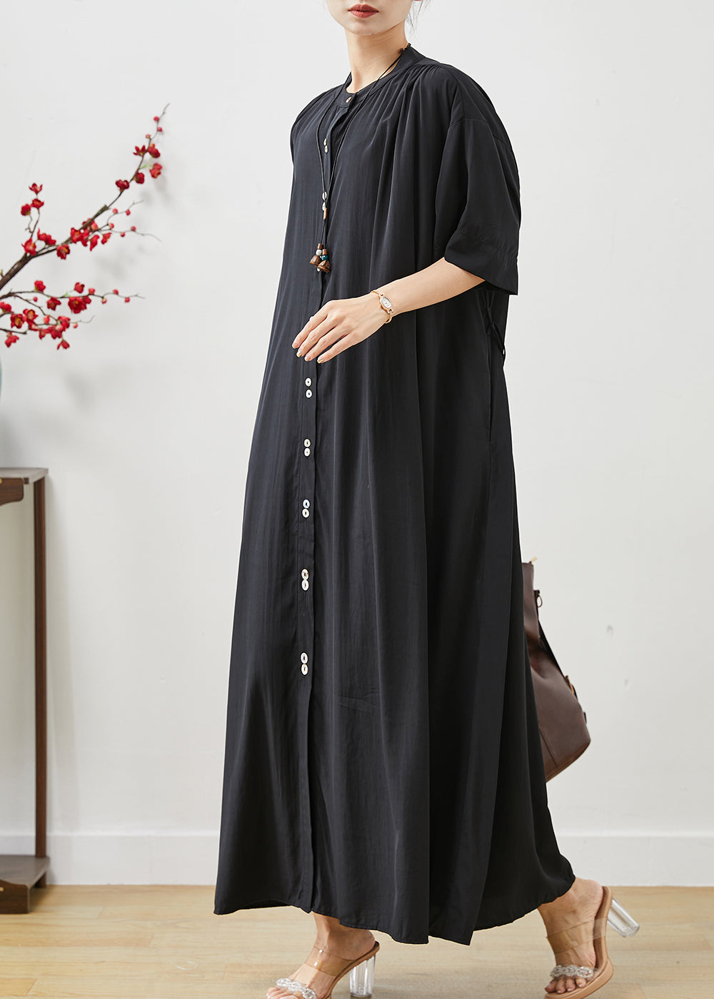 Black Cotton Robe Dresses Stand Collar Oversized Summer AP1072