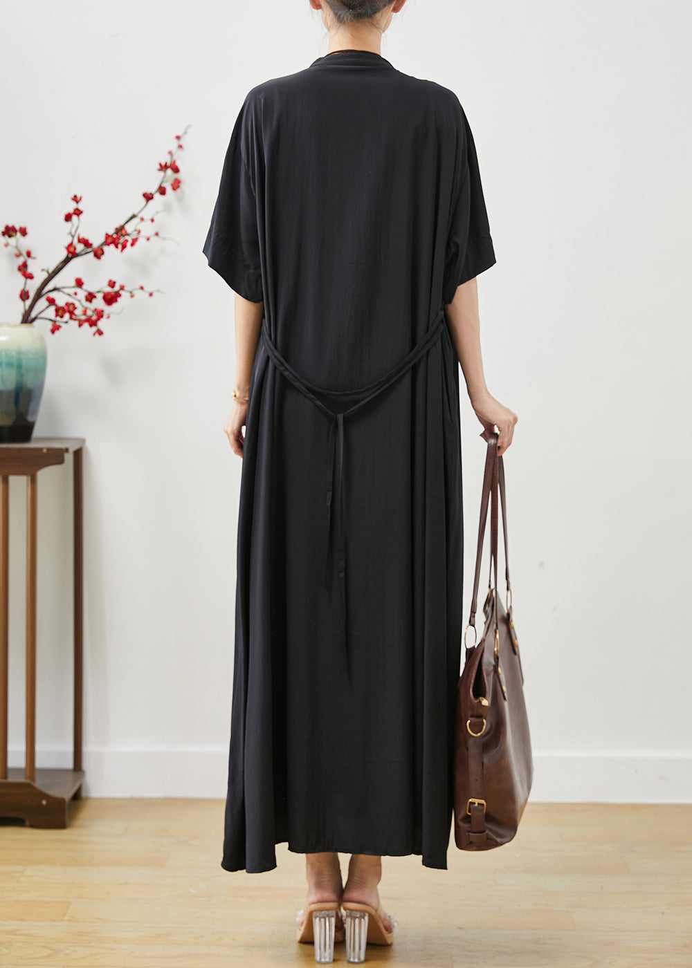 Black Cotton Robe Dresses Stand Collar Oversized Summer AP1072