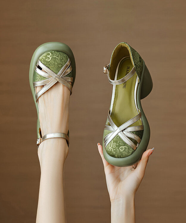 Leather Buckle Splicing Black Sandals Cowhide Chunky Strap Heel