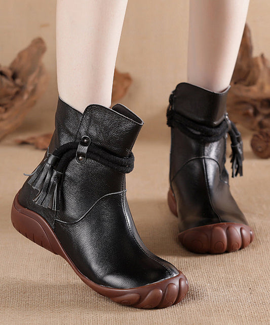 Leather Splicing Tassel Retro Black Comfortable Cowhide Boots