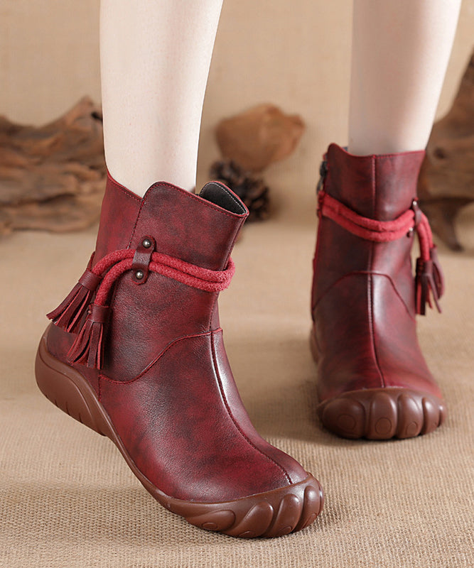Leather Splicing Tassel Retro Black Comfortable Cowhide Boots
