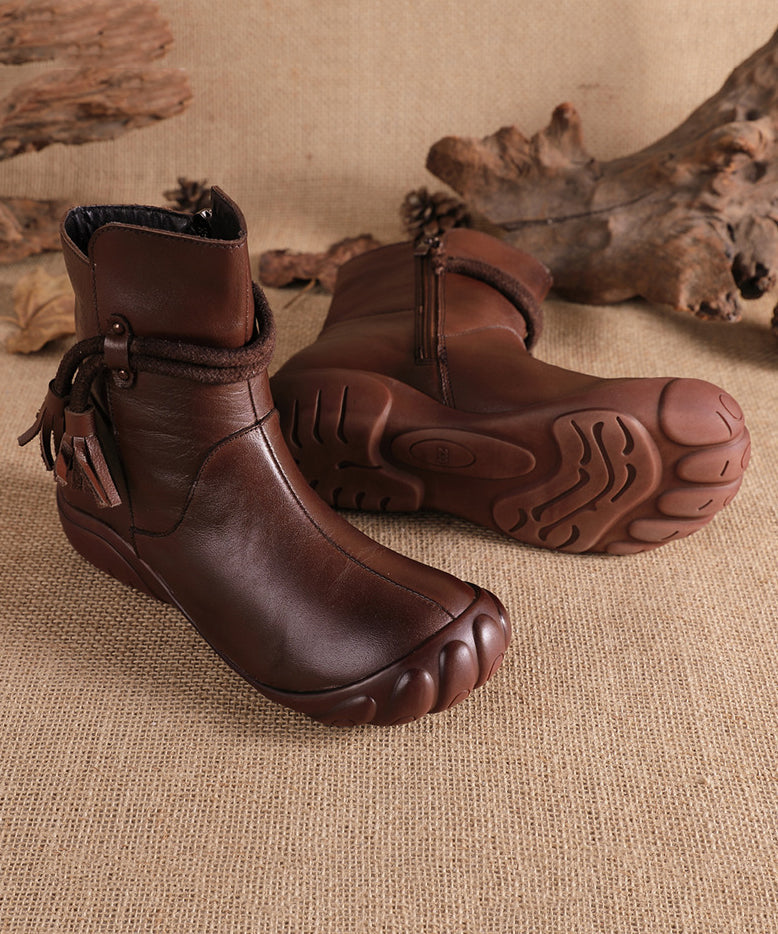 Boots Splicing Cowhide Retro Comfortable Tassel Leather Black