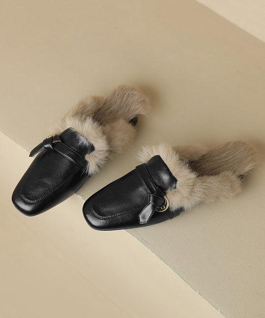 Black Cowhide Leather Comfy Fuzzy Wool Lined Slide Sandals