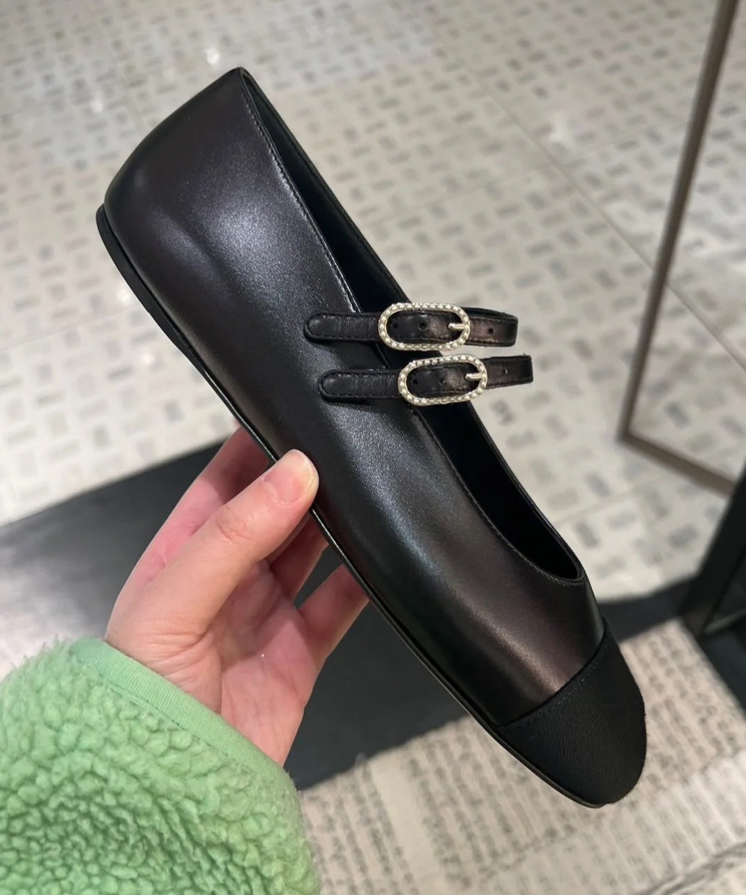 Strap Flat Black Shoes Leather Cowhide Splicing Feet Buckle