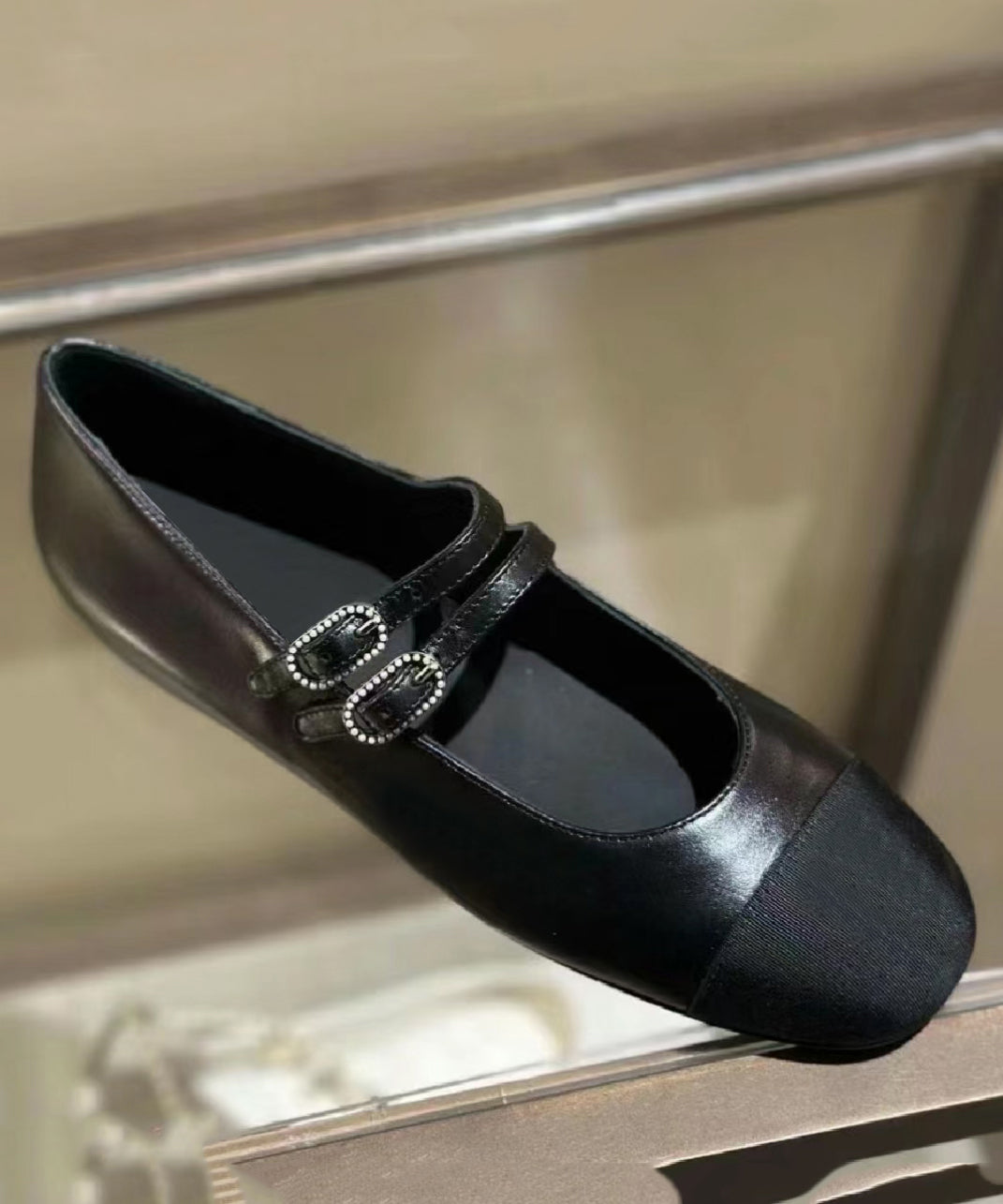 Strap Flat Black Shoes Leather Cowhide Splicing Feet Buckle