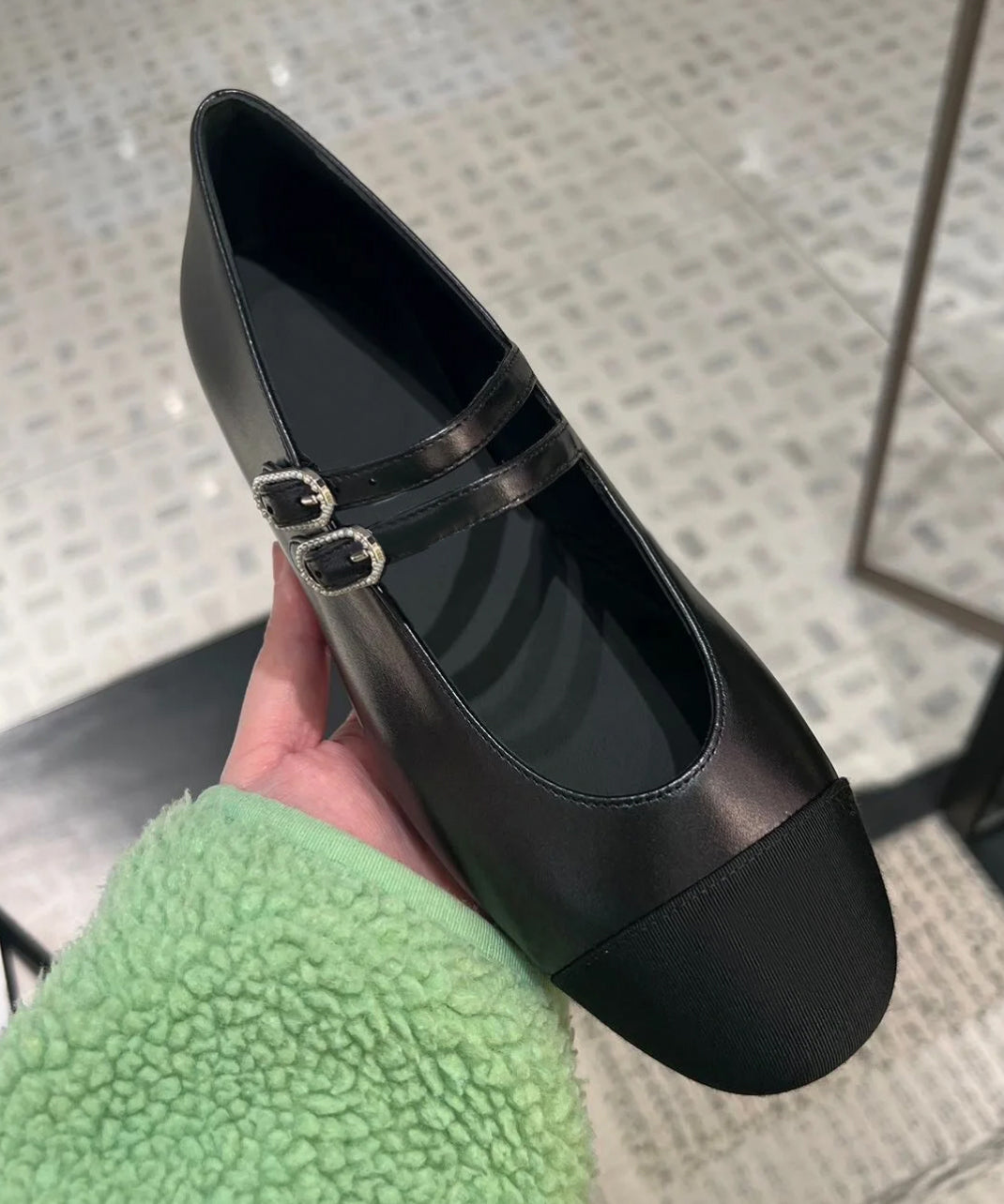 Strap Flat Black Shoes Leather Cowhide Splicing Feet Buckle