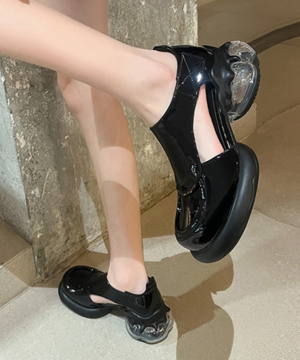 Chic Black Hollow Loafers Out Cowhide Leather Platform Splicing