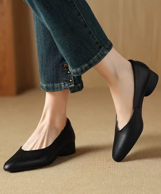 Black Pointed Toe Chunky Shoes Splicing Cowhide Leather