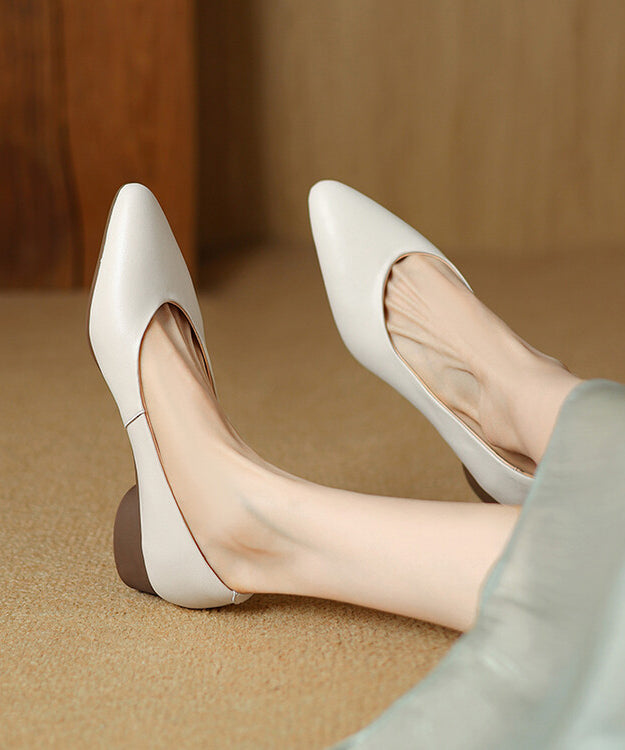 Black Pointed Toe Chunky Shoes Splicing Cowhide Leather