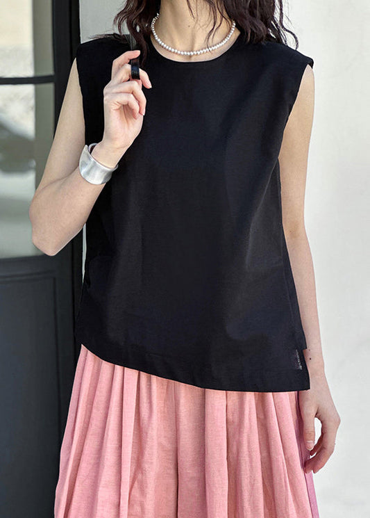 Black Cozy Solid Linen Tops O Neck Summer