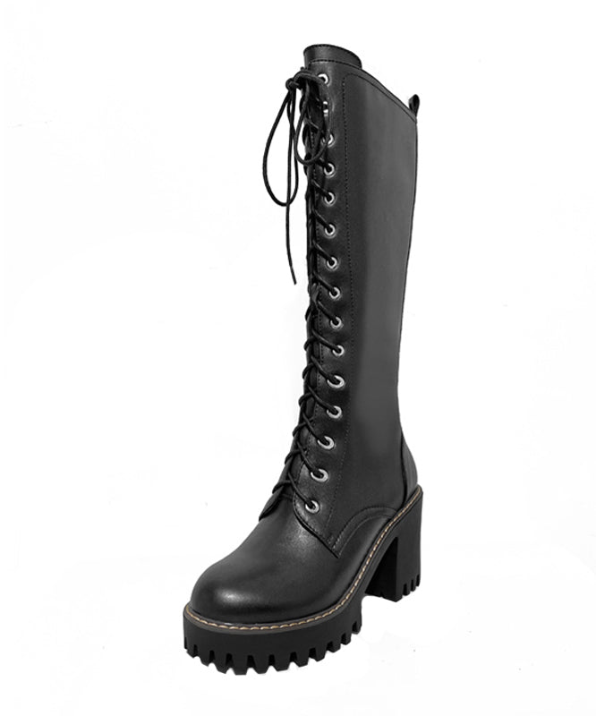 Black Fashion Cross Strap Zippered Splicing Chunky Boots RI017