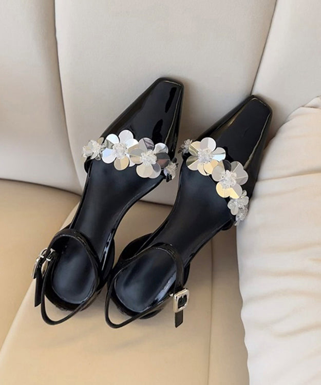 Floral Black Sandals Splicing Leather Chunky Faux